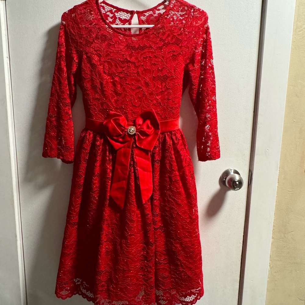 Rare Editions Scarlet Lace Dress with Satin Bow
